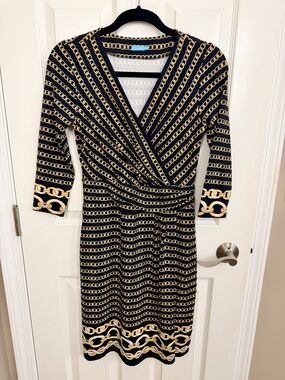 J. McLaughlin Catalina Cloth Black & Gold Chain Print Dress Faux Wrap V-Neck XS